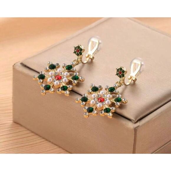 Clip on 1" gold, red, green stone and pearl dangle snowflake earrings - Picture 3 of 4